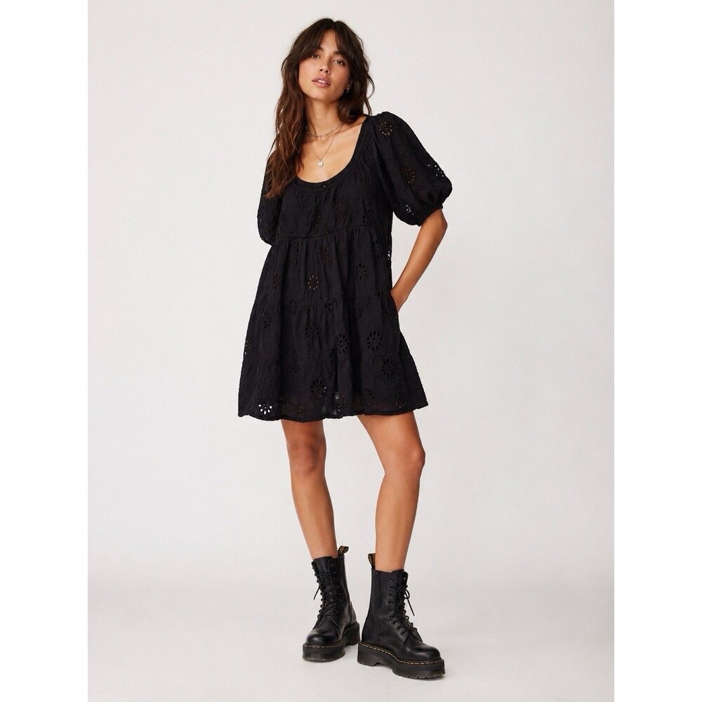 Y2K Black Eyelet Lace Babydoll Mini Dress M Cottagecore Whimsigoth Grunge